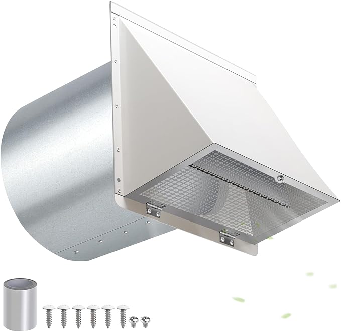 10 Inch Hooded Wall Vent with Screen and Damper,Galvanized Steel Exterior Wall Exhaust Vent Cover Cap for Kitchen Range Hood Duct Ventilation Outside Air Exhaust Applications,White