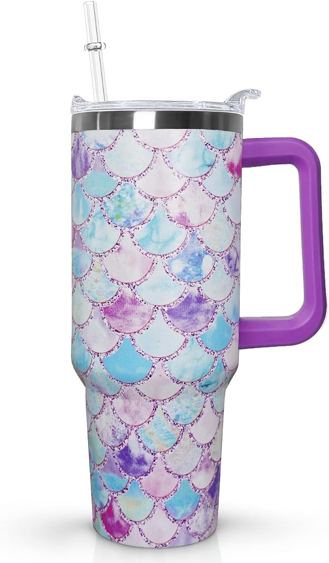Ceovfoi 40 Oz Mermaid Double Wall Vacuum Stainless Steel Tumbler with Handle Lid and Straw,Watercolor Ocean Cup,Water Bottle,Travel Coffee Mug,Hawaiian Mermaid Decor,Accessories