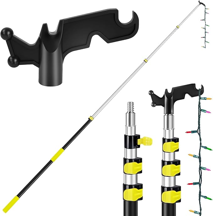 UQM 12 Ft Telescopic Extension Pole with Utility Hook, Telescoping Pole for Hanging Christmas Lights String Lights Birdfeeder, Heavy-Duty Christmas Light Pole Hanger Tool Tree Without Ladder
