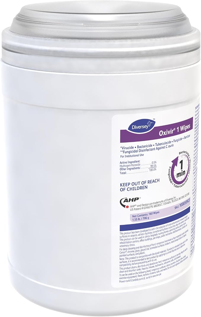 Oxivir Diversey 1 Disinfectant Wipes, AHP Hydrogen Peroxide Cleaner, Multi-Surface Cleaner for Home & Commercial Use, Small Wipes, 160 Count Canister, Case of 12