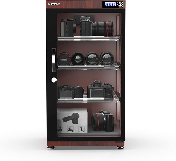 105L Dehumidifying Dry Cabinet Box, Wood grain Design Digital Control Noiseless and Energy Saving,4 layer for Camera Lens and Electronic Equipment Storage,Temperature Humidity LED Dual Screen
