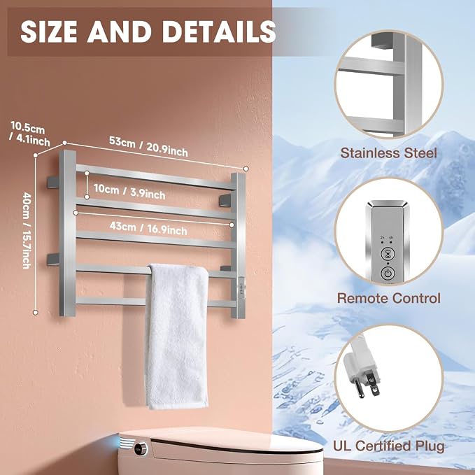 Towel Warmer Rack, Heated Towel Racks for Bathroom Wall Mounted 5 Bar Stainless Steel Warmers Rack, Plug-in, Built-in Timer, Fast Heating, Brushed Nickel