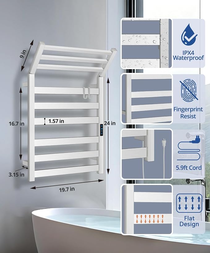 WiFi Heated Towel Rack Wall Mounted, Electric Towel Warmer with Foldable Bracket, Stainless Steel, LED Built-in Timer, Plug-in, Temperature & Timing Control, 6 Bars, Brushed Nickel
