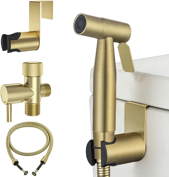 Brushed Gold Handheld Bidet Sprayer for Toilet, Stainless Steel Cloth Diaper Sprayer Kit with Solid Brass T-Valve, Adjustable Water Pressure Bidet Attachment