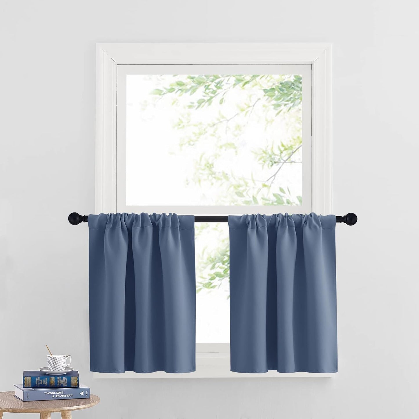 RYB HOM Blackout Curtain Valance - Room Darkening Half Window Treatment Solid Elegant Privacy Home Decor for Kitchen Bedroom Bathroom, 29 inches Wide x 24 inches Long, Stone Blue, 1 Pair