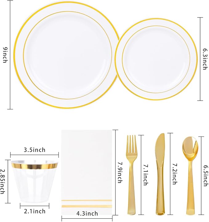 GATHER 700PCS Gold Plastic Plates - Whtie and Gold Disposable Dinnerware Sets 100Guest - 200 Disposable Plate, 300 Plastic Silverware, 100 Cups, 100 Napkins for Wedding & Party
