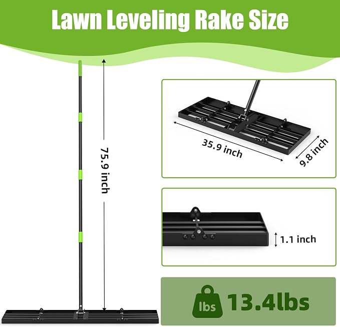 GARDTECH 36x10 Inch Lawn Leveling Rake Heavy Duty Adjustable Handle Yard Tool – Reinforced Steel Landscape Rake for Lawn Leveling, Soil Grading, Golf Course & Backyard Care