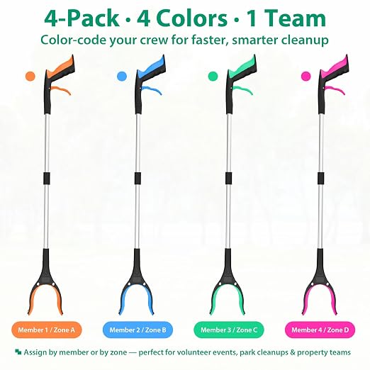 Trash Grabber Tool 4 Pack, 32 Inch Heavy Duty Litter Picker Upper with 360 Degree Rotating Jaw and Magnetic Tip, Color-Coded Set for Outdoor Cleanup Events, Volunteer Groups and Property Maintenance
