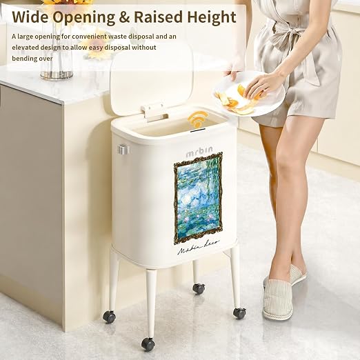 MRBIN Metal Motion Sensor Kitchen Trash Can with Wheel Legs, Medium Press Lid Slim Waste Basket, 36L / 9.5gal Pet Proof Tall Narrow Garbage Pail for Vanity, Living Room, Bathroom, Bedroom, Water Lily