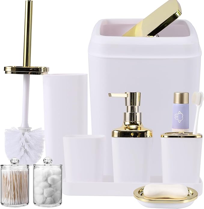 XLHOMO 9Pcs Bathroom Accessories - White Bathroom Accessories Set with Trash Can, Soap Dispenser, Soap Dish, Toothbrush Holder, Toothbrush Cup, Toilet Brush Holder, Qtip Holders and Tray for Home