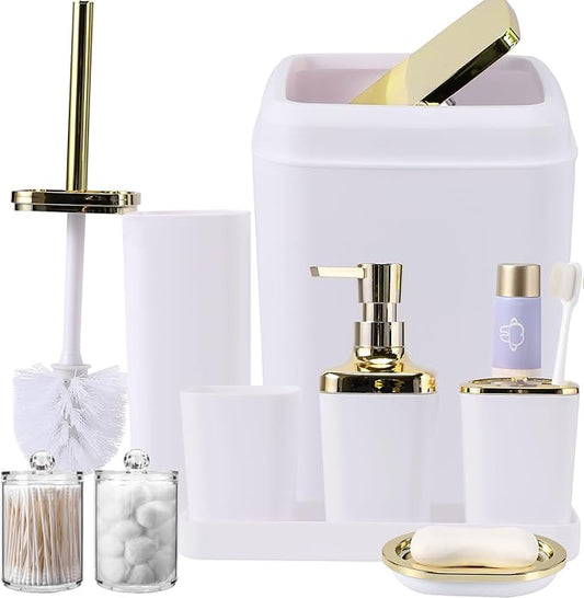 XLHOMO 9Pcs Bathroom Accessories - White Bathroom Accessories Set with Trash Can, Soap Dispenser, Soap Dish, Toothbrush Holder, Toothbrush Cup, Toilet Brush Holder, Qtip Holders and Tray for Home