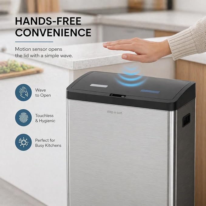 Step N' Sort Motion Sensor Trash Can (60L) – Touchless Stainless Steel Kitchen Garbage & Recycling Bin with Dual Compartments, Soft-Close Lid & Fingerprint-Proof Finish