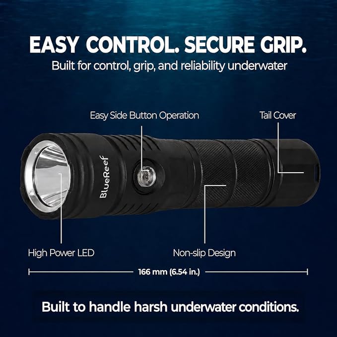 Blue Reef 2000 Lumens Scuba Dive Light, 390m Long-Range Beam, 4Hr Runtime / 2Hr at Full 2000LM Output – USB-C Rechargeable, 100m Waterproof Diving Flashlight for Scuba & Night Diving