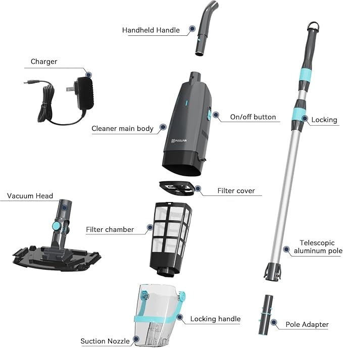 PoolMr Cordless Pool Vacuum for Above Ground Pools & Inground Pools, 18.5 GPM Suction, 60min Runtime – Handheld Pool Vacuum with Telescopic Pole, for Spas & Hot Tubs, Solid Black