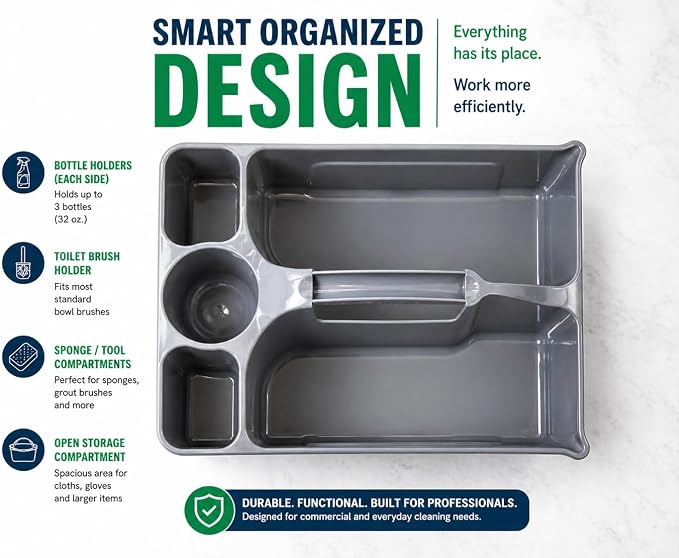 Libman Maid Caddy Cleaning Organizer, Heavy-Duty Janitorial Carry Caddy with Bottle Holders, Toilet Brush Holder & Tool Compartments, Commercial Cleaning Supply Tote