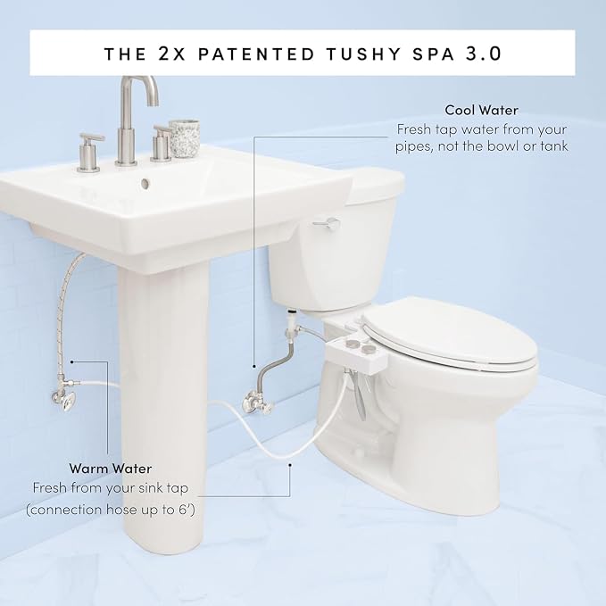 TUSHY Spa Warm Water Bidet Attachment for Toilet. Universal Fit, Easy Install (Requires Sink Access for Optional Temperature Control), Self Cleaning, Adjustable Pressure, Angle Control, Noir/Gold