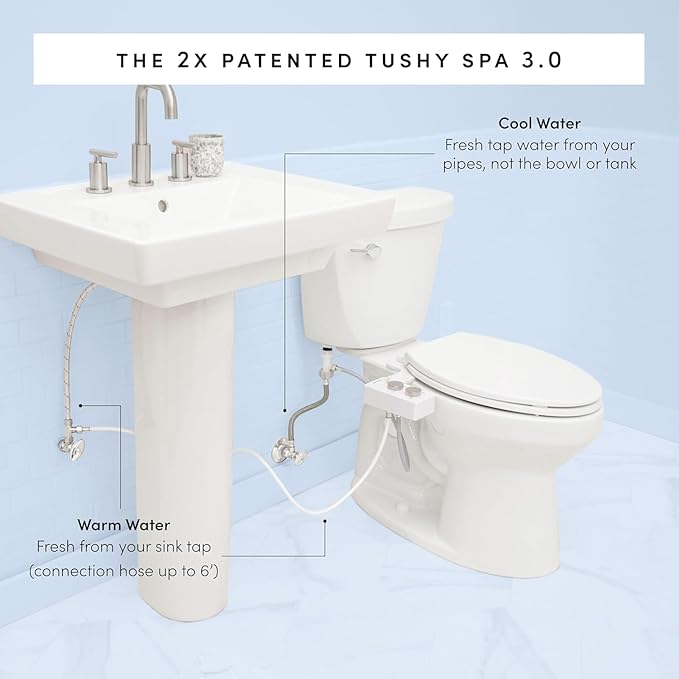 TUSHY Spa Self-Cleaning Warm Water Toilet Bidet Attachment. Adjustable Nozzle, Angle & Pressure. Easy DIY Home Install, Requires Sink Access for Optional Warm Water Control. (Biscuit/Brushed Nickel)