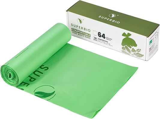 SUPERBIO 64 Gallon Compostable Yard Waste Bags, Lawn & Leaf Bags, 242.3L, 10 Count, Heavy Duty 1.57 Mils, BPI and OK compost INDUSTRIAL