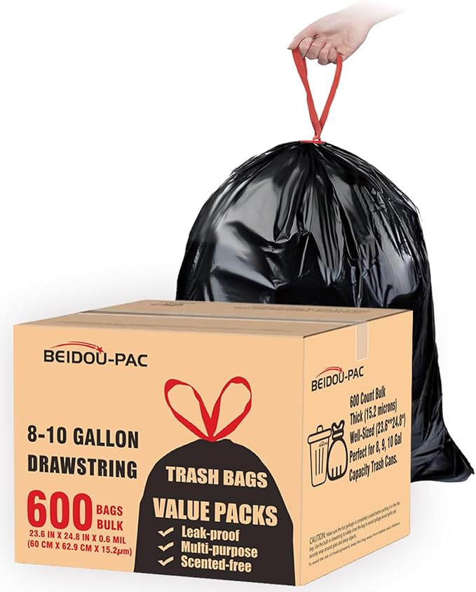 BEIDOU-PAC 8-10 Gallon Trash Bags Drawstring, 600 Count Bulk, Black & Unscented Multi-purpose Garbage Bags for Business Home Bathroom Kitchen Commercial and Industrial