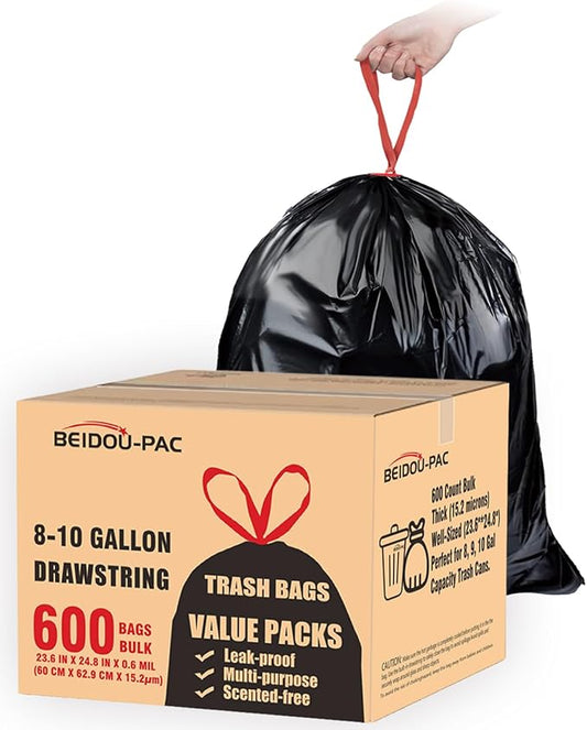 BEIDOU-PAC 8-10 Gallon Trash Bags Drawstring, 600 Count Bulk, Black & Unscented Multi-purpose Garbage Bags for Business Home Bathroom Kitchen Commercial and Industrial