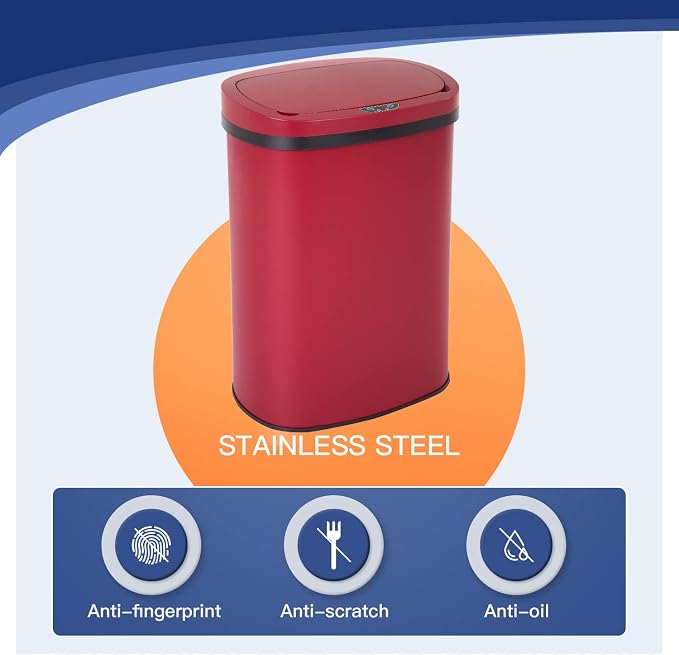 Furniture of America Verbena 13 Gallon Metal Household Trash Can with Motion Sensor Lid for Kitchen, Red
