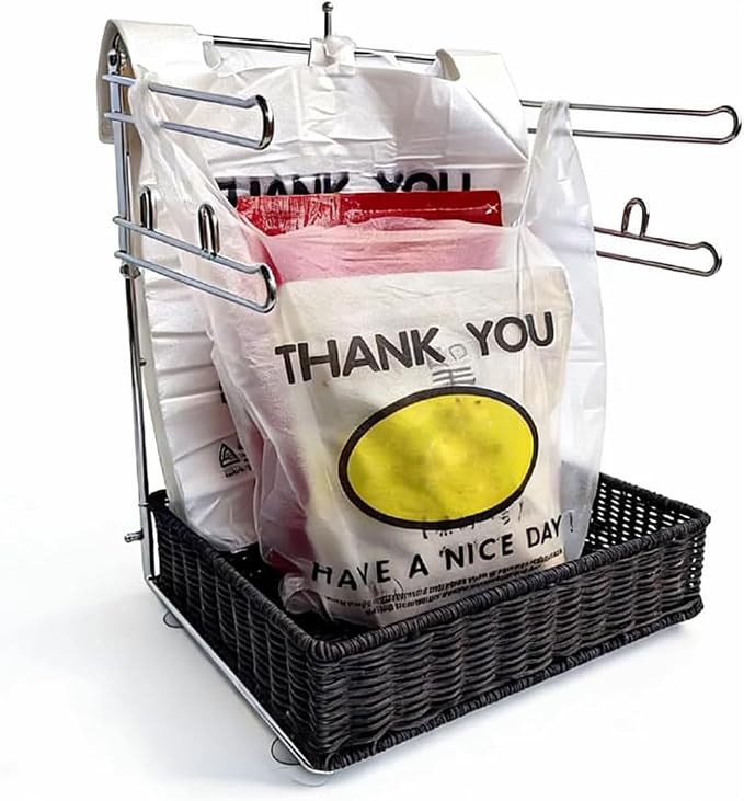 Store shopping plastic bag holder storage basket , chrome plated metal convenient holder for easy storage - suitable for 11 1/2 "W x 6" D x 21 "H bag - compact unit, 13" W x 11 "L x 17" H