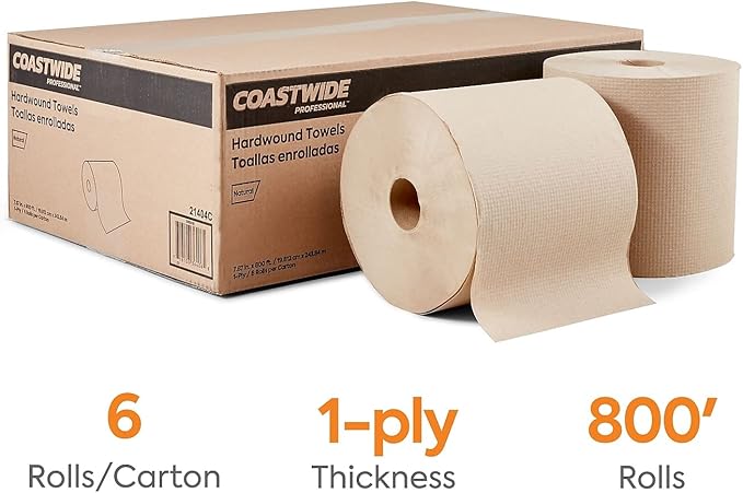 Coastwide Professional Recycled Hardwound Paper Towels, 1-Ply, 800 ft./Roll, 6 Rolls/Carton