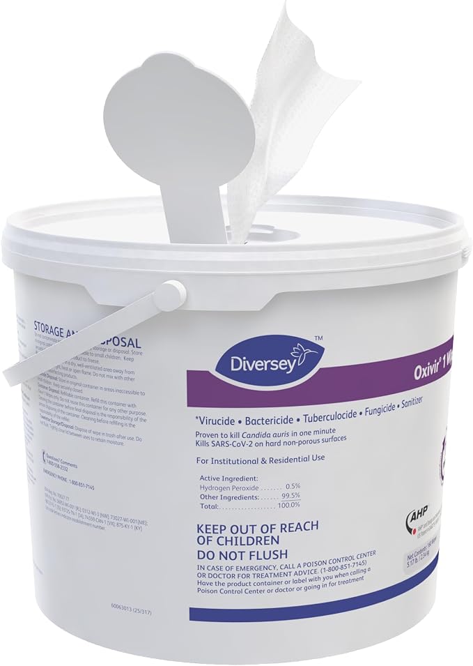 Oxivir Diversey 1 Disinfectant Wipes, AHP Hydrogen Peroxide Cleaner, Multi-Surface Cleaner for Home & Commercial Use, XLarge Wipes, 160 Count Bucket, Case of 4