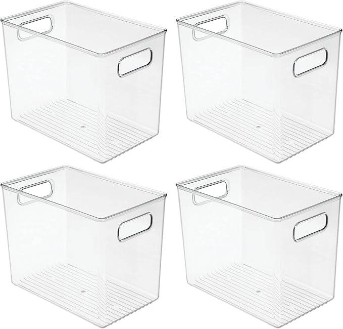 mDesign Plastic Deep Kitchen and Pantry Organizer Storage Bin with Handles for Cabinet, Fridge, Freezer - Food Storage Containers for Snacks, Yogurt Pouches or Fruit, Ligne Collection, 4 Pack, Clear