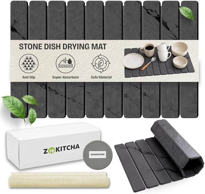 Large Stone Dish Drying Mat for Kitchen Counter, 24"×16" Foldable Fast Drying Diatomaceous Earth Mat, Super Absorbent Stone Drying Pad for Dishes, Cups, Bottles (Grey Marble)