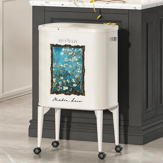 MRBIN Metal Kitchen Trash Can with Wheel Legs, 36L / 9.5gal Medium Press Lid Slim Removable Waste Basket, Pet Proof Tall Narrow Garbage Pail for Vanity, Bedroom, Bathroom, Living Room, Almond Blossom
