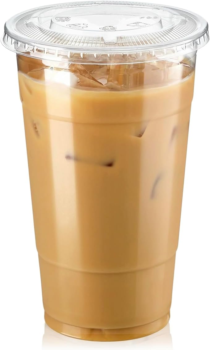 Fit Meal Prep 100 Pack 24 oz Clear Plastic Cups with Flat Lids, Disposable Iced Coffee Cups, BPA Free Premium Crystal Smoothie Cup for Party, Lemonade Stand, Cold Drinks, Juice, Milkshake