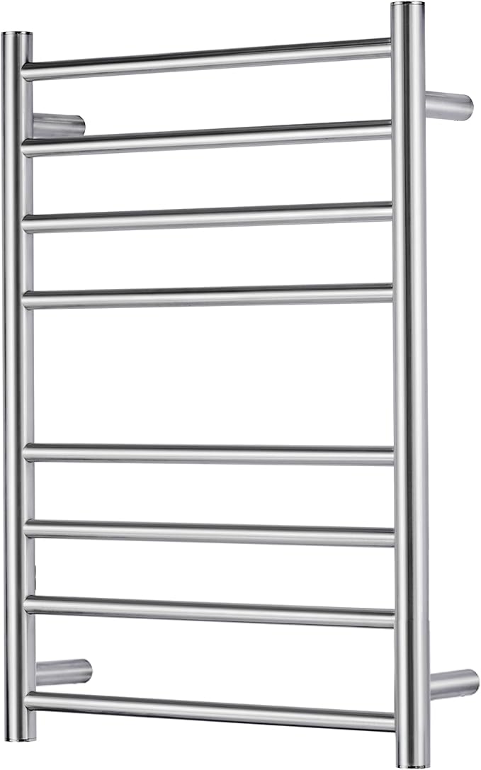 Towel Warmer Polished Chrome for Bathroom Wall Mounted Drying Rack Plug-in Electric Heated Towel Rack Stainless Steel Round 8 Bars Bath Towel Heater with Single Press