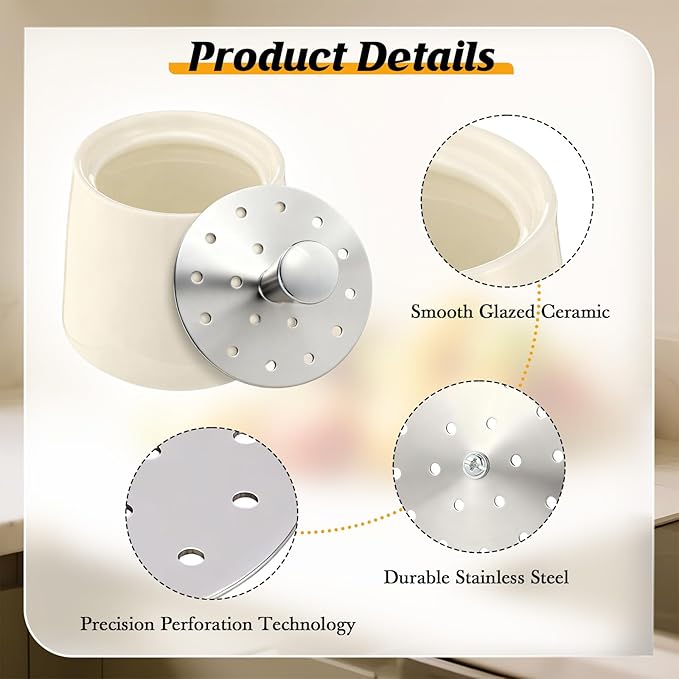 Ceramic Fruit Fly Trap for Indoors, Reusable Kitchen Fly Catcher with Stainless Steel Vent Lid, Uses Safe & Natural Vinegar Bait Trap, Dishwasher Safe, Easy to Use(White,2 Pack)
