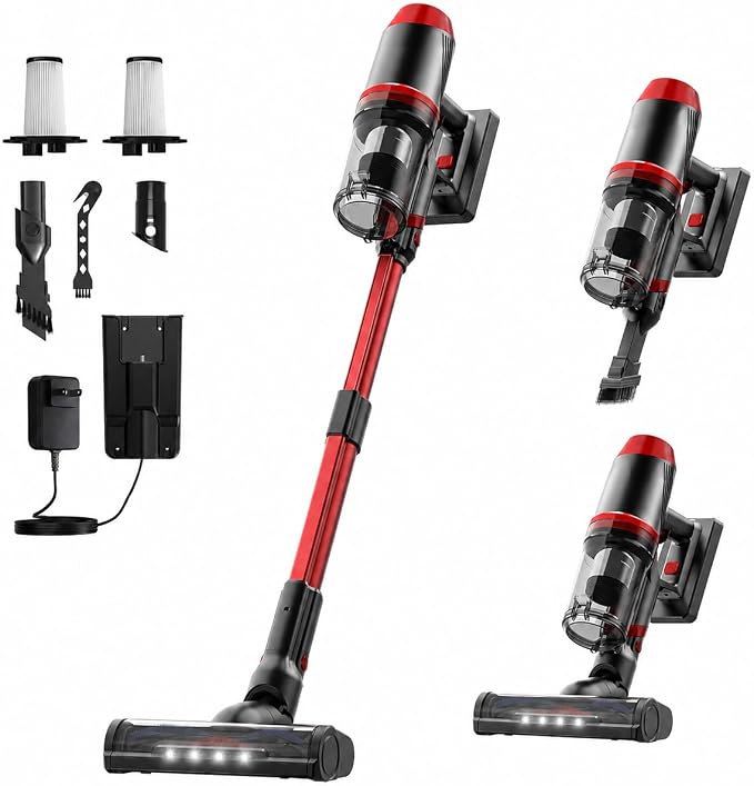 Cordless Stick Vacuum Cleaner, Powerful Suction Anti-Tangle Brush Vacuum with LED Headlight, Lightweight Vacuum Cleaner for Hardwood Floor Carpet Pet Hair (Red)