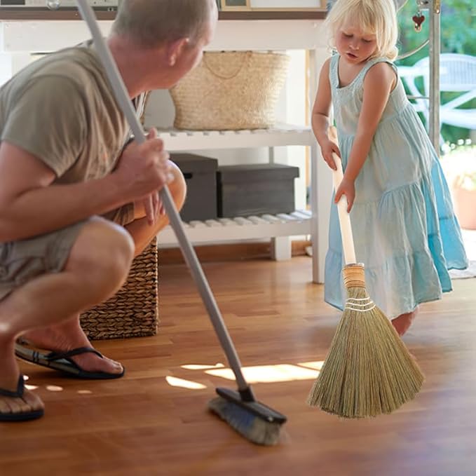 Natural Corn Whisk Broom Handwoven Traditional Vietnamese Soft Bristle Sweeper with Handle for Indoor Floor Cleaning in Living Room Kitchen Bedroom
