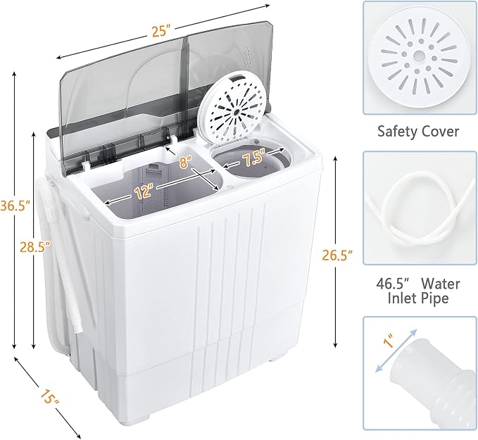 Giantex Portable Washing Machine, 21lbs Capacity, 14.4lbs Washer and 6.6Llbs Spinner, Compact for Apartment RV, White & Gray, GT-GE-10390US-GR-FP