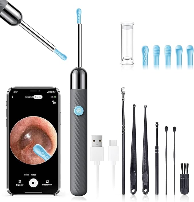 LEIPUT Ear Wax Removal - Earwax Remover Tool with 8 Pcs Ear Set - Ear Canal Cleaner with 1080P Camera - Ear Cleaning Kit with 6 Ear Spoon - Ear Camera for iOS & Android (Grey)