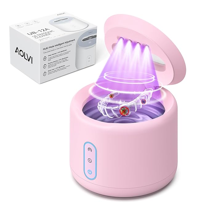 Ultrasonic Retainer Cleaner Machine, IPX6 Waterproof Denture Cleaner, 3 Modes Dental Cleaning Pod with RGB Indicator, 45kHz UV for Mouth Guards, 200ML Tank, Pink