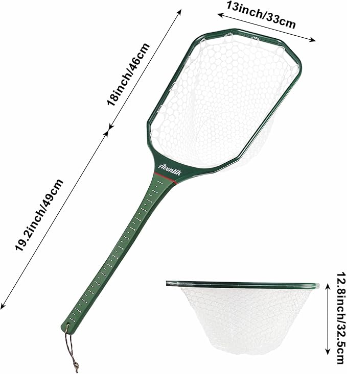 Aventik Floating Fly Fishing Net Carbon Fiber Square Landing Net with Accurate Measuring Handle Clear Rubber Ghost Mesh for Professional Trout Fishing Catch & Release