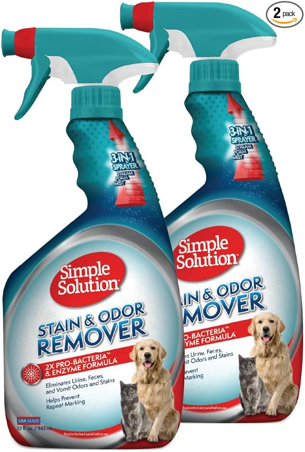 Simple Solution Stain and Odor Eliminator Spray, Enzyme Carpet Cleaner for Dogs and Cats, Pet Stain Remover and Urine Odor Eliminator, Multi Surface Pet Cleaning Solution, 32 oz (Pack of 2)