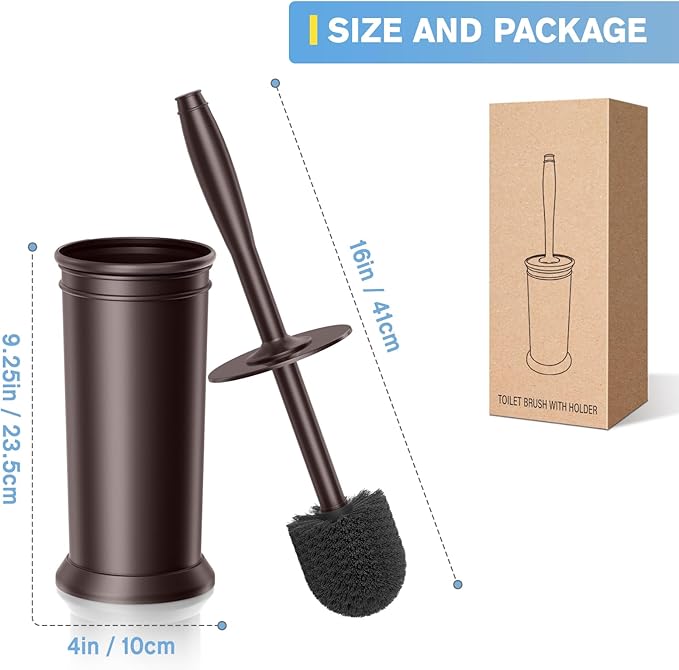 Toilet Brush, Aluminum Alloy Toilet Brush and Holder Set with Long Handle Durable Bristles Toilet Bowl Brush and Covered Holder for Toilet Scrubber for Bathroom Cleaning (2Pcs Dark Brown)