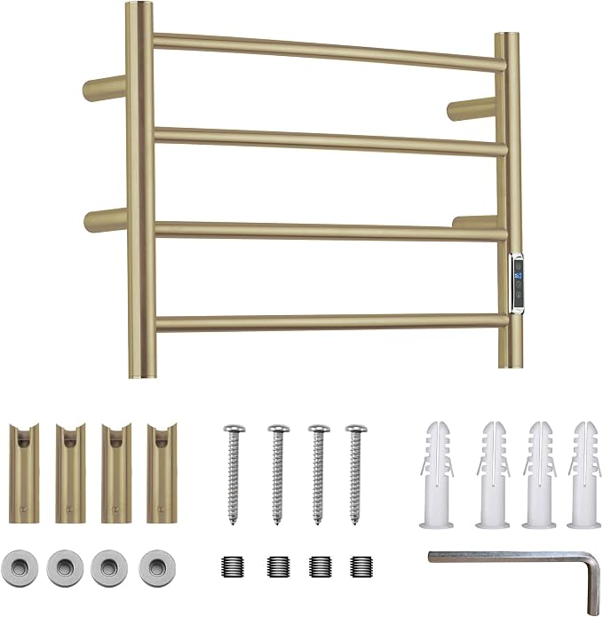 Heated Towel Racks for Bathroom, Wall Mounted Electric Towel Warmer Racks with Timer & Temperature Control,Heater for Bathroom, Brushed (Round-Brushed Gold, 4 Bars)