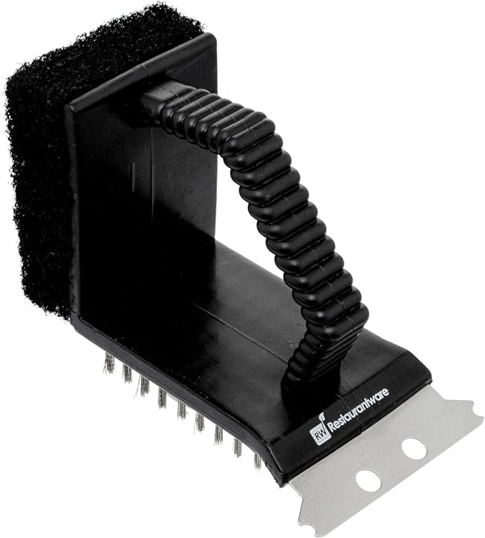 Restaurantware Met Lux 4.5-Inch Grill Brush 1 Handheld Grill Cleaning Tool - Scraper Scouring Pad Silver Plastic Grill Accessory For All Types Of Grills Ergonomic Handle