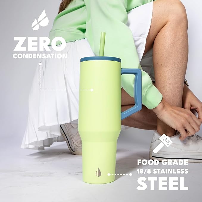 Elemental 40 oz Tumbler with Handle and Straw - Spill Proof Insulated Stainless Steel Commuter for Cold Beverages - Travel Coffee Mug with 2 Straws & Spill Proof Lid - 40oz - Sage Mist