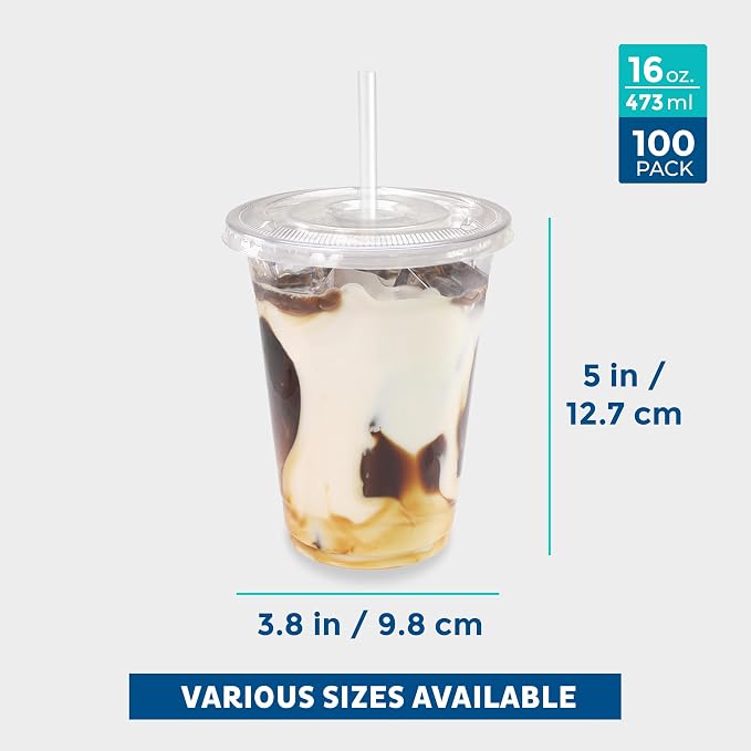 Freshware 16 oz Clear Disposable Plastic Cups with Flat Lids and Straws, 100 Pack Clear Plastic Cups Tumblers, Heavy-duty Party Glasses, Disposable Cups for Thanksgiving, Halloween, Christmas Party