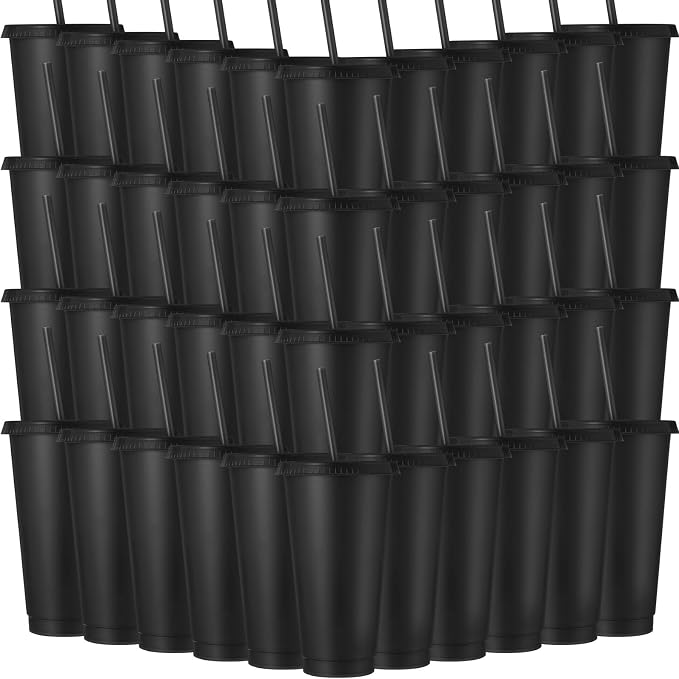Honeydak 150 Pack Tumbler with Straw and Lid Bulk Cups for Gifts Water Bottle Iced Coffee Travel Mug Cup Reusable Plastic Tumblers for Party Birthdays 24-27 oz (Black Color)