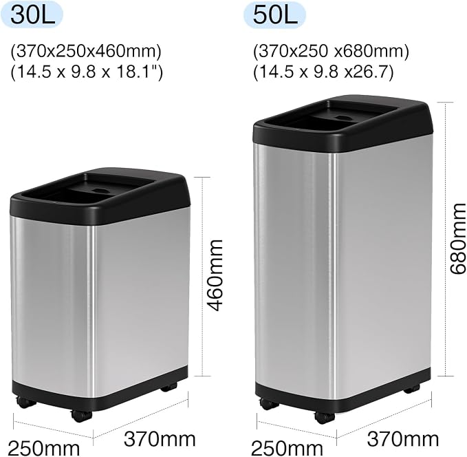 ELLO&ALLO 13 Gallon Kitchen Trash Can with Roll Up Lid, Automatic Touchless Motion Sensor Rectangular Trash Can with Wheels, Brushed Stainless Steel Finish