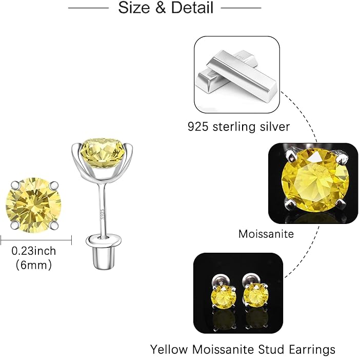 Moissanite Screw Back Earrings Studs - 0.2CT-4CT Moissanite Earrings for Women 925 Sterling Silver Piercing Real Colorful Moissan Hypoallergenic Jewelry Ear Stud Gifts