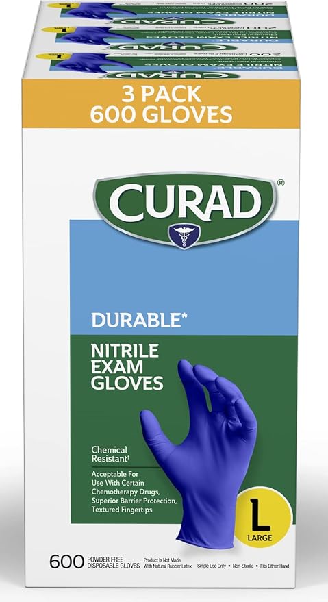 Curad Nitrile Exam Gloves, Durable, Powder Free, Chemical Resistant, Large, 600 Count, Color May Vary